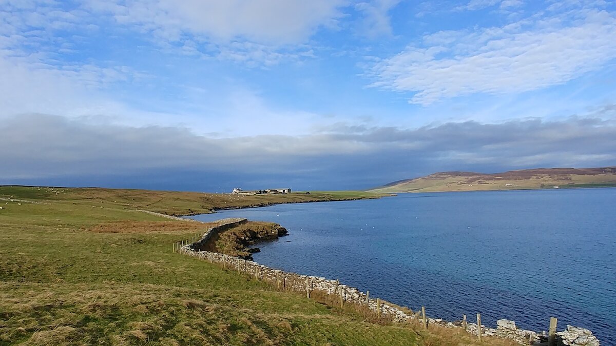 View over farmland and water