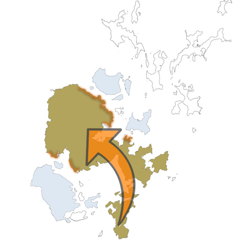 Map of Orkney with the mainland, South Ronaldsay and linked isles in green, five areas on mainland coast shaded orange and a large curved orange arrow pointing from south to north west